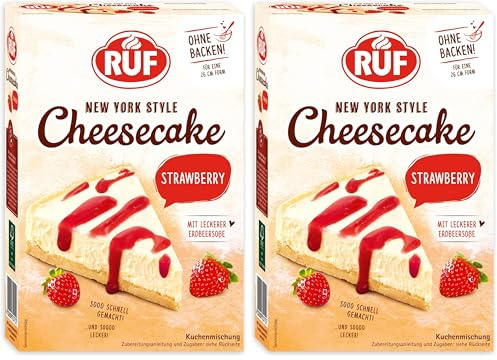RUF New York Cheesecake Strawberry ohne Backen, Original amerikanischer Käsekuchen mit Erdbeersoße, 1 x 360g (Packung mit 2)