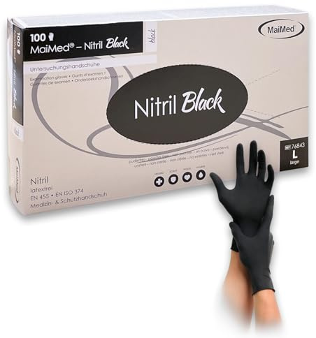 Maimed Nitrilhandschuhe Schwarz L – 100 Stück – puderfrei, reißfest & latexfreie Einweghandschuhe – ideal für Tattoo, Küche, Reinigung