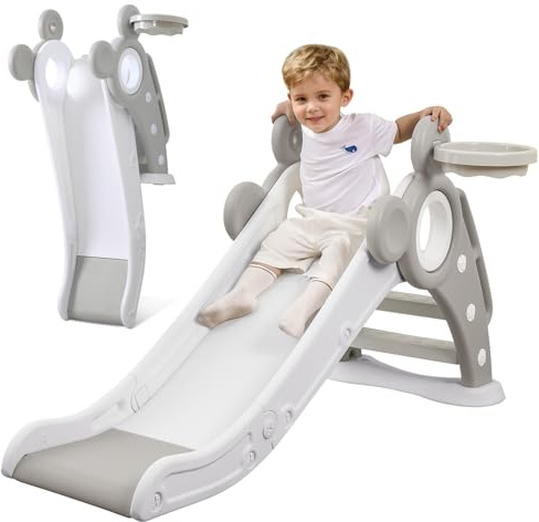 YOLEO Rutsche, Kinder Fun-Slide mit Basketballkorb, Faltbar Kinderrutsche, Gartenrutsche Kleinkinderrutsche für 2 3 Jahre, Indoor & Outdoor Rutschbahn mit Rutschauslauf Grau