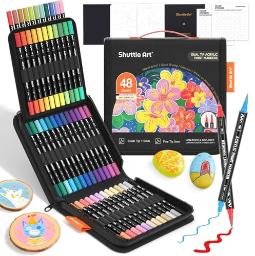 Shuttle Art Acrylstifte für Steine wasserfest, 48 Farben Steine bemalen Stifte Set, doppelköpfige Acrylmarker mit Pinsel & feine Spitze, Acryl Stifte für holz, Ostereier, Glas, Keramik, Leinwand