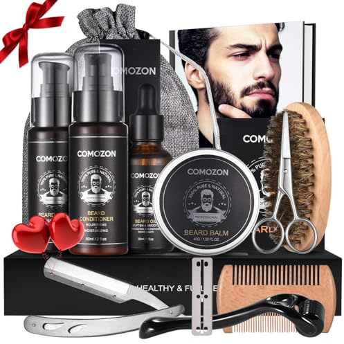 Comozon 12-in-1 Bartpflege Set Vatertagsgeschenk mit Bart Roller, Beard Growth Kit mit Bartshampoo Bartöl Bartbalsam Rasiermesser Bartbürste Bartkamm Bartschere, Geschenke für Ehemann, Freund und Papa