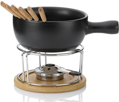 kela Käsefondue Set 10tlg, Keramik Fondue für 6 Personen NATURA, Käse Fondueset mit Brennpastenhalter, Gabeln, Gabelhalter