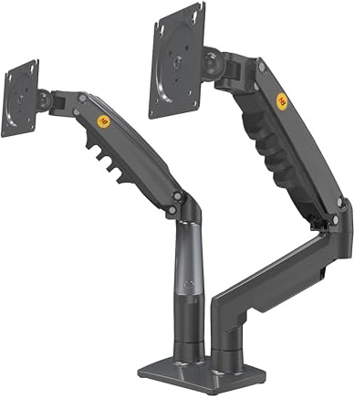 Ergosolid Desktop-Halterung für 2 PC-Bildschirme (17-27 Zoll), verstellbar in Mehreren Achsen, Drehgelenk, Gasfeder bis 2 x 9 kg, F160VAR