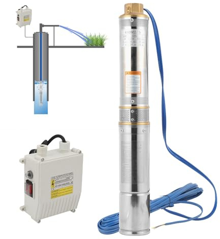 Ansobea Tiefbrunnenpumpe 370W, 4000l/h Brunnenpumpe 693mm, Edelstahl Wasserpumpe Druck 3,4bar, max. Förderhöhe 34m, max. 35°C, für Brunnengehäuse von 4 Zoll oder größer., Silber