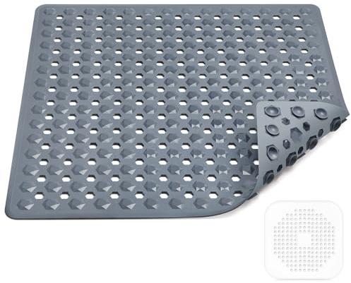 Badewannenmatten rutschfest Kinder,100% BPA frei Enthält 2 Haken zum Aufhängen,100x40cm,Antirutschmatte für Badewanne,Duschmatte,schimmelresistent & maschinenwaschbar (Dunkelgrau(53x53cm))