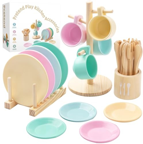 GAGAKU Holzspielzeug Kinderküche Geschirr Set - 27-teiliges Kinder Teeservice aus Holz mit Aufbewahrungsständer, Montessori-Spielzeug für Kinder 3-5 Jahre, Lernspielzeug für Rollenspiele