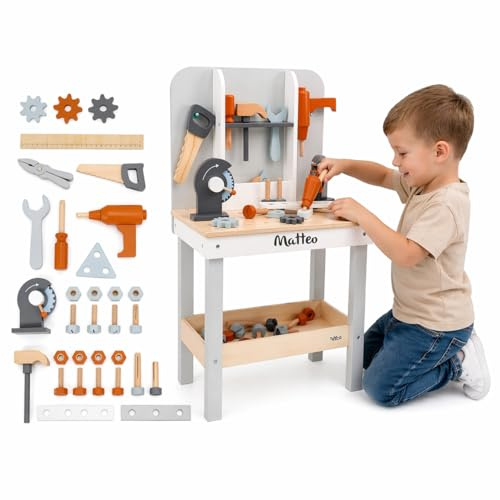 Kinderwerkbank aus Holz personalisiert – Werkbank mit Werkzeug-Set & Zubehör – Spielzeug ab 3 Jahre – Geschenk für Kinder