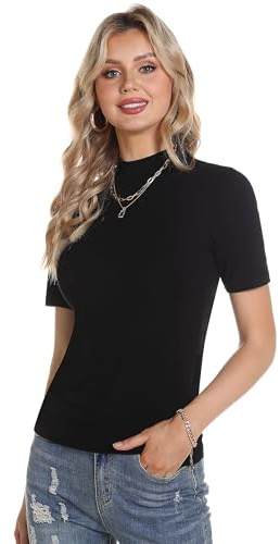 Totatuit Damen T-Shirt Stehkragen Shirt Rollkragen Kurzarm Basic Top | Elegantes Kurzarmshirt, elastischer Slim Fit, weicher Jersey, vielseitig für Büro, Freizeit und Party