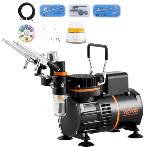 VEVOR Airbrush-Set, Luftkompressor mit Doppellüfter, professionelles Airbrush-System-Set mit 3 Airbrushes, Halter, Farbmischrad, Reinigungsbürsten-Set, Airbrush-Set für Kunst, Nägel, Kekse, Make-up, K