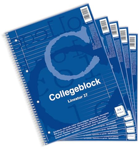 Pelikan Spiralblock, Collegeblock A4, liniert, 80 Blatt (160 Seiten) gelocht, blau, 5 Stück