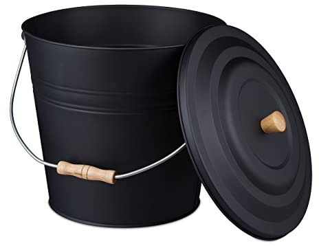Relaxdays Ascheeimer mit Deckel, 12 L, Kamineimer, Stahl & Holz, Aschebehälter mit Henkel, Kamin, Ofen & Grill, schwarz
