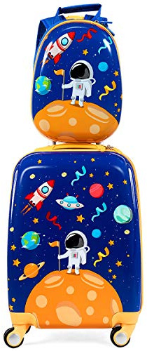 COSTWAY 2tlg Kinderkoffer + Rucksack, Kindertrolley aus Kunststoff, Kindergepäck, Kinder Kofferset Handgepäck Reisegepäck Hartschalenkoffer für Jungen und Mädchen (Astronauten, 12+18)
