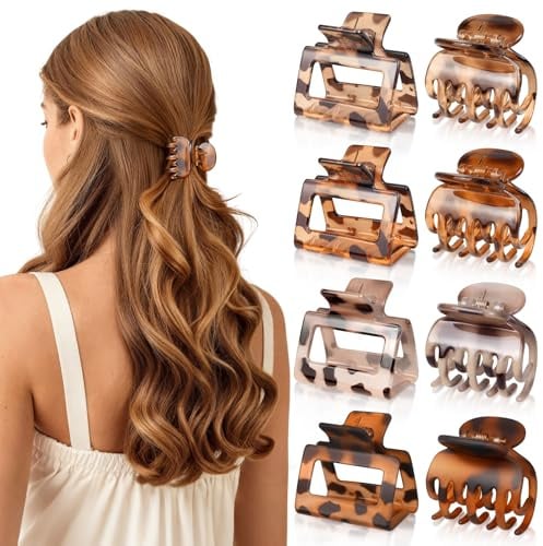 Loiluliy Haarklammern Klein Set, Leopardenmuster Kunststoff & Mittelgroß 8 Stück, Rutschfeste Haarspangen Damen Doppelreihiges Zahndesign für Dünnes Haar und Alle Haartypen