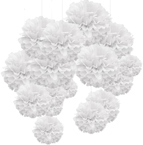 WEARXI Hochzeit Hochzeitsdeko Vintage Lampions, 24er Pompons Deko Weiß | Seidenpapier Pompoms, Taufe Konfirmation Deko, Kommunion Dekoration für Geburtstag, Party deko, Vintage deko