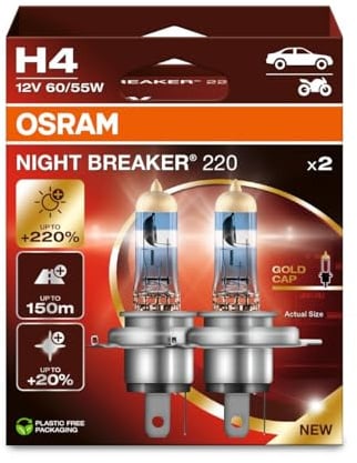 Osram NIGHT BREAKER 220, H4, +220% mehr Helligkeit, Halogen-Scheinwerferlampe, 64193NB220, Faltschachtel (2 Lampen)