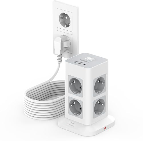 TESSAN 8 Fach Mehrfachsteckdose mit USB C, Verlängerungskabel 5M, Grau | Verteilersteckdose mit 3 USB, Steckdosenleiste Überspannungsschutz, Mehrfachstecker 3600W, Steckerleiste für Zuhause