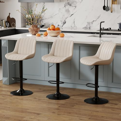 Youhauchair Barhocker 3er Set, Drehbare Barhocker mit Lehne, Höhenverstellbar aus PU-Leder, Moderner Barstuhl Küchenhocker Bar Hocker Bar Stool, Beige