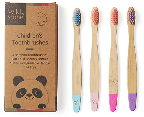 Wild & Stone | Bio-Kinderzahnbürste Aus Bambus | 4er-Pack | Weiche Faserborsten | 100% Biologisch Abbaubarer Griff | BPA-Frei | Vegane Umweltfreundliche Kinderzahnbürsten (Süßigkeiten)