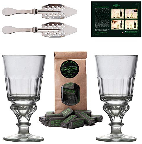 Absinth Zubehör Set von ALANDIA | 2X Gläser mit Reservoir | 2X Löffel aus Edelstahl | 1x Zuckerwürfel