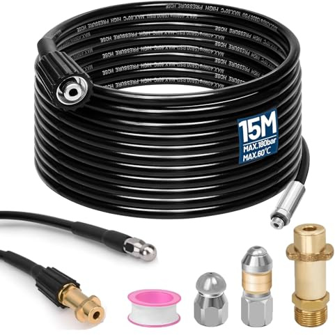 Rohrreinigungsschlauch 15m, mit M22 Adapter, Düsen starr + rotierend, 180bar 60°C Rohrreinigungsset Geeignet für Kränzle Kärcher K2-K7, Hochdruckreiniger Hochdruckschlauch