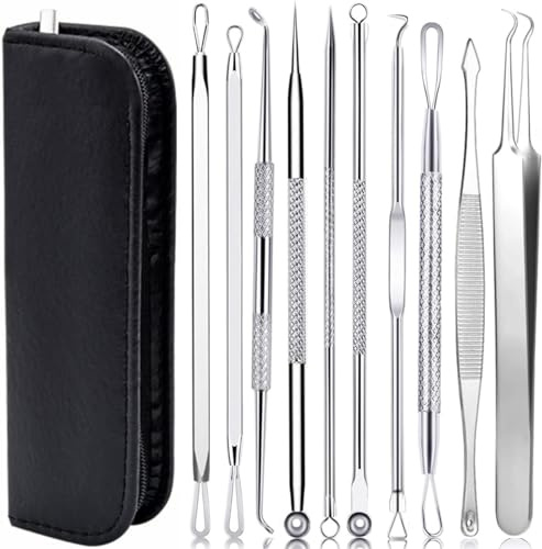 AIBEE Mitesserentferner Komedonenquetscher Set -10PCS Blackhead Remover mit Akne Pickel Pinzette Mitesser Entferner,Pickel Ausdrücken Werkzeug mit Metallgehäuse (Edelstahl)