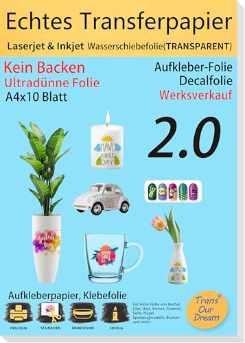 TransOurDream A4X10 Inkjet/Laser Wasserschiebefolie | (Hauchdünn),Kerzentattoos,Decalfolie,Nassschiebefolie für Spielzeugmodelle,Tassen,Keramik, Glas, Kunststoff,waterslide paper