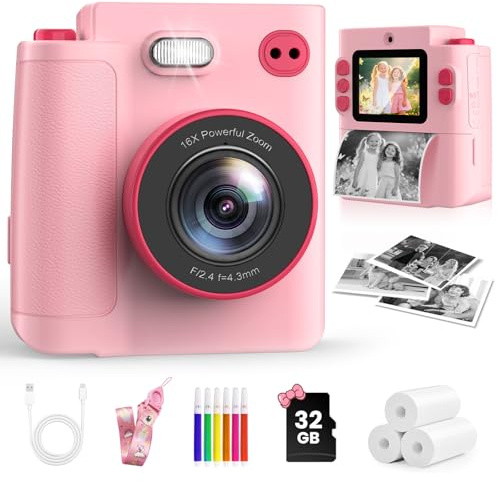 MYSTILUCK Sofortbildkamera Kinder, 1080P HD Kinderkamera Sofortbildkamera mit 32GB Karte & DruckerPapier, Kinderspielzeug Geburtstag und Weihnachten Geschenke für Jungen/Mädchen 3-12 Jahren (Rosa)