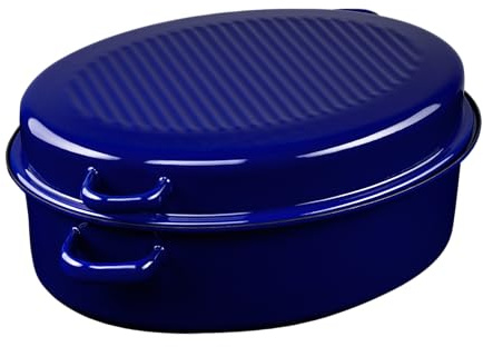 Riess, 0160-012, Gänsebräter oval mit Deckel, CLASSIC - SPEZIALARTIKEL, Durchmesser (lange Seite) 38 cm, Höhe 17,5 cm, Inhalt 6,50 Liter, Emaille, außen blau, innen schwarz, Induktion
