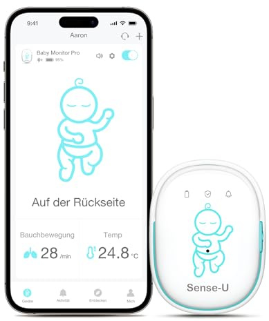 Sense-U Pro Smart Babyphone, Bewegungsmonitor, verbindet Sich direkt mit Ihrem Smartphone und verfolgt die Bauchbewegung, Schlafposition und Gefühlstemperatur Ihres Babys