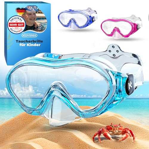 KIDVERSE Taucherbrille Kinder mit Nase - Dermatest geprüfte Kinder Taucherbrille mit Stoffband oder Silikonband - Tauchmaske ab 5 Jahre für Mädchen & Jungen - Kindertaucherbrille