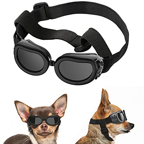 Lewondr Sonnenbrille für Hunde UV Schutzbrille, Hunde Winddichte & Antibeschlagbrille & Wasserdichter Hundebrille mit Einstellbar Gummiband für Kleine Hunde - Schwarz