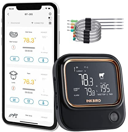 Inkbird IBT-26S-5G Fleischthermometer Thermometer mit 4 Temperaturfühlern | WIFI und Bluetooth 5.1 Signal 70m, Magnetische Halterung, USB-Aufladbar, Grillthermometer für Küche Ofen Grill BBQ Smoker