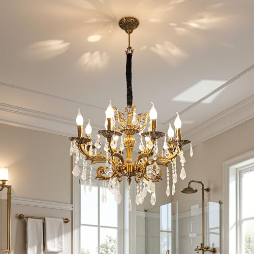 Vrygle Kronleuchter Kristall Vintage Pendelleuchte Gold: 8 Flammig Kerze Deckenleuchte, kristall lampe für Wohnzimmer, Esszimmer & Schlafzimmer, inklusive E14 LED-Filamentlampen