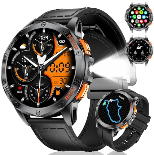 GPS Smartwatch Herren mit Telefonfunktion, 5ATM Wasserdicht Sportuhr mit LED Taschenlampe, 1,43 HD AMOLED Smart Watch mit Kompass/Barometerdruck/Höhenmesser, 170+Sportmodi für iOS Android Schwarz