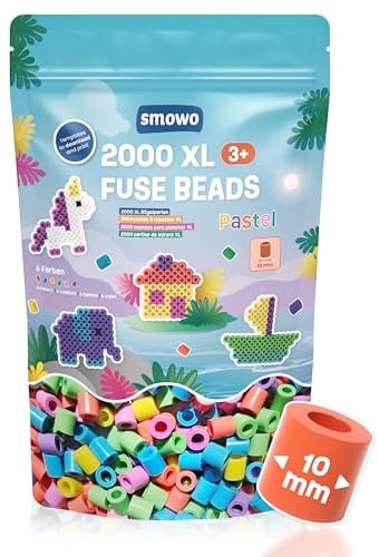 Smowo® Große 10mm Bügelperlen 2000 Stück für Kinder ab 3 Jahren - 6 Pastell Farben XL Steckperlen - Kreatives Perlenset