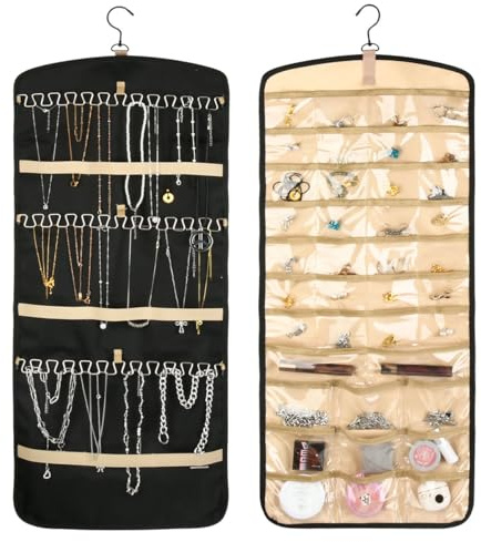Schmuckschrank Hängend Schmuck Organizer mit Aufhänger, Doppelseitige Schmuckaufbewahrung Schmuckhalter Wand Faltbarer Schmuckständer für Ohrringe Halskette Ring Armband (39 Taschen + 42 Wellenhaken)
