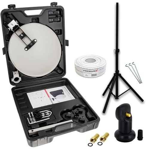 PremiumX Camping SAT-Anlage Satelliten-Schüssel Stativ Single LNB 10m Kabel | 2x F-Stecker kompakt im Koffer als ideales Camp Zubehör