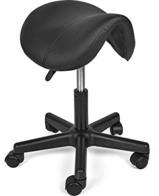 Mingone Sattelstuhl mit Rollen Rollhocker Hocker 360 ° Drehung Schwarz | Höhenverstellbar 49-65cm, Sattelhocker Bürohocker Ergonomisch, Kosmetikstuhl, Praxishocker Friseur, für Büro Salon