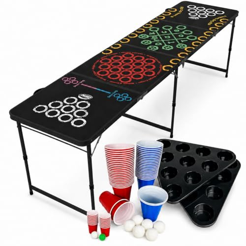 MYBEERPONG® Multigame Beer Pong Tisch | 5 Trinkspiele in 1 | inkl. Becher Set, Bälle & 2 Becherracks | klappbarer Bierpong Tisch 240 x 60 x 70 cm | Partyspiel für Geburtstag, Festival & JGA