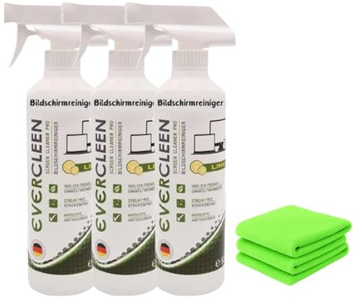 Evercleen 9-teiliges Reinigungsset – 3X500ml Bildschirmreinigungsspray + 3X Mikrofasertuch | Für Smartphone, Laptop, Tablet, TV, Monitor, LCD, LED, OLED, TFT, Uhren +3XBrillentuch