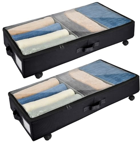Xtsuen 2 Stück Unterbett Aufbewahrung, Unterbettkommode mit Rollen 360° Drehung and Metallrahmen, Faltbare Großes Fassungsvermögen Vliesstoffe Aufbewahrungstasche für Kleidung, Schuhe（Schwarze）
