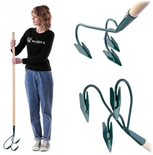 KADAX Grubber, Gartenkralle, Gartenhacke zum Lockern des Bodens, Kultivator für Garten, Handgrubber aus Metall, Blumenkralle, Gartenzubehör, Blumenharke, Bodenlüfter (3 Zinken, mit Holzstiel)