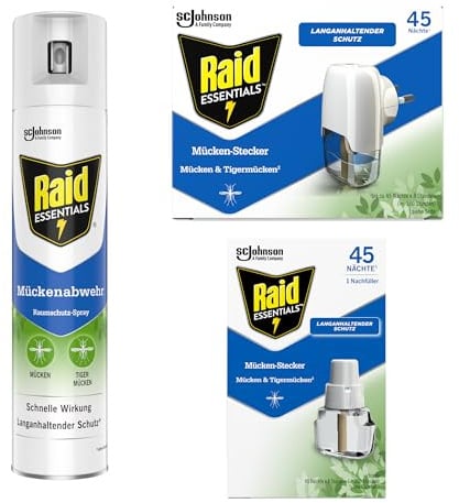 Raid Essentials Trio-Bundle gegen Mücken für Innenräume, inkl. Mückenabwehr-Spray (300 ml), Mückenstecker 45 Nächte und Nachfüller (2 x 32 ml)