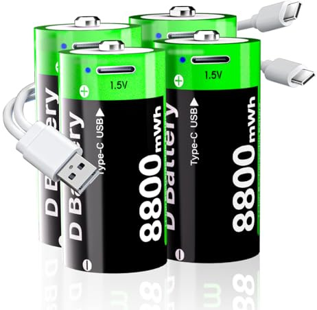 Wiederaufladbare D Akku, 8800mWh Hohe Kapazität Lithium D Zellen Batterien mit 2 in 1 USB-C-Ladekabel,1,5V D Größe LR20 Ersatzbatterie für Taschenlampe, Kamera, Flutlicht Spielzeug (4 Stück)