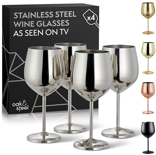 Oak & Steel - 4 Elegante Edelstahl Weingläser (540ml) - Silber - Robust & Unzerbrechlich - Geschenkset für Geburtstage, Hochzeiten, Weihnachten