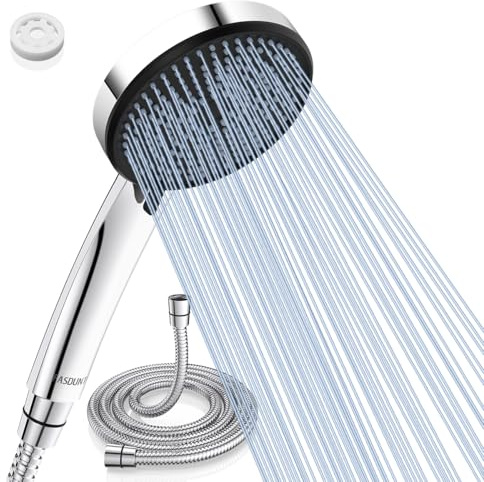 FASDUNT Duschkopf mit Schlauch 2M, Hochdruck Handbrause Wassersparend | 52%Wasserersparnis, 5 Strahlarten, Antikalk Duschbrause, 9,5L/min Durchflussbegrenzer 200%höherer Wasserdruck, Silberschwarz