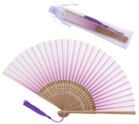 Handfächer, Faltbare Fächer mit Lila Farbverlaufsdruck, Faltfächer Klein | Stofffacher mit Geschenktüte für Sommer, Hochzeit, Party, Tanzen, Foto-Requisiten, Wand Dekoration