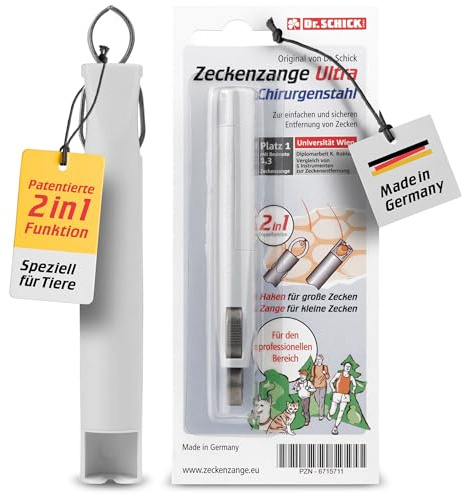Dr. Schick Zeckenzange Ultra Chirurgenstahl für Tiere [2-in-1 Zeckenhaken & Zeckengreifer] - patentierter Zeckenschutz für Hunde, Katzen & Co. – kleine und vollgesogene Zecken entfernen