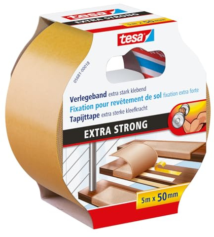 tesa Verlegeband extra stark klebend - Doppelseitiges Klebeband zum Verlegen von Teppich und PVC-Belag - doppelseitig klebend - Mehrfarbig - 5 m x 50 mm