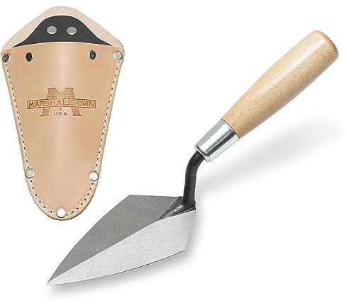 Marshalltown Archäologiekelle, starre Spitzkelle mit Ledertasche, mit Holzgriff, Kelle aus Carbonstahl, Maße der Spitzkelle: 127x64 mm, Silber
